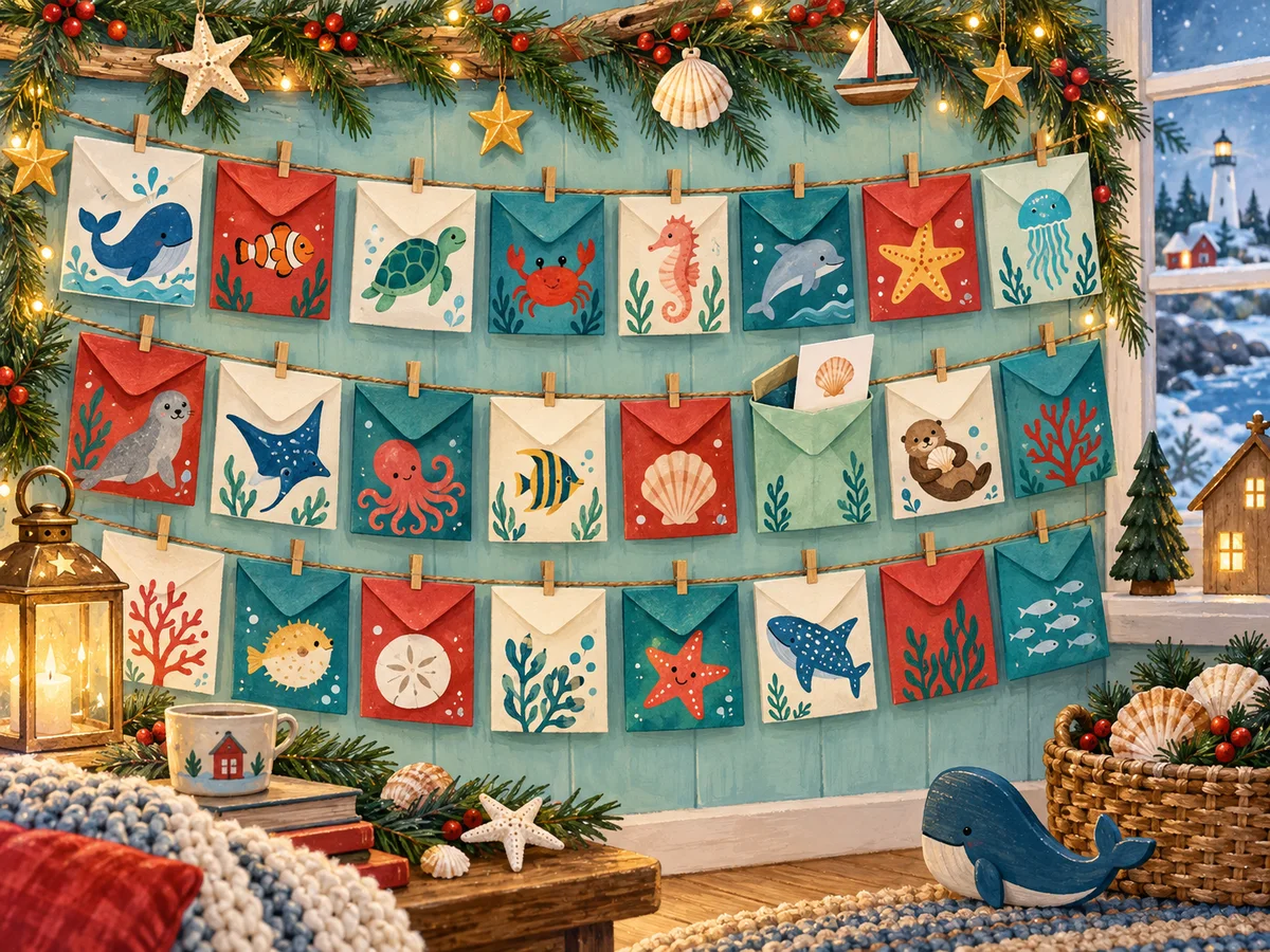 Original illustration of handmade ocean-creature Advent pockets