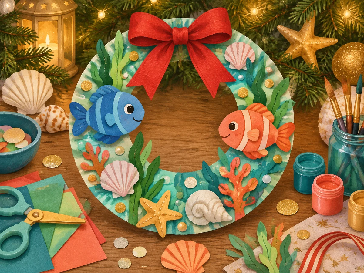 Original illustration of an ocean-themed paper-plate Christmas wreath