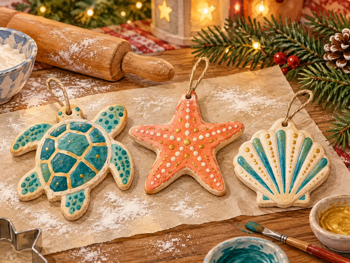 Original illustration of sea turtle, starfish and shell salt-dough ornaments