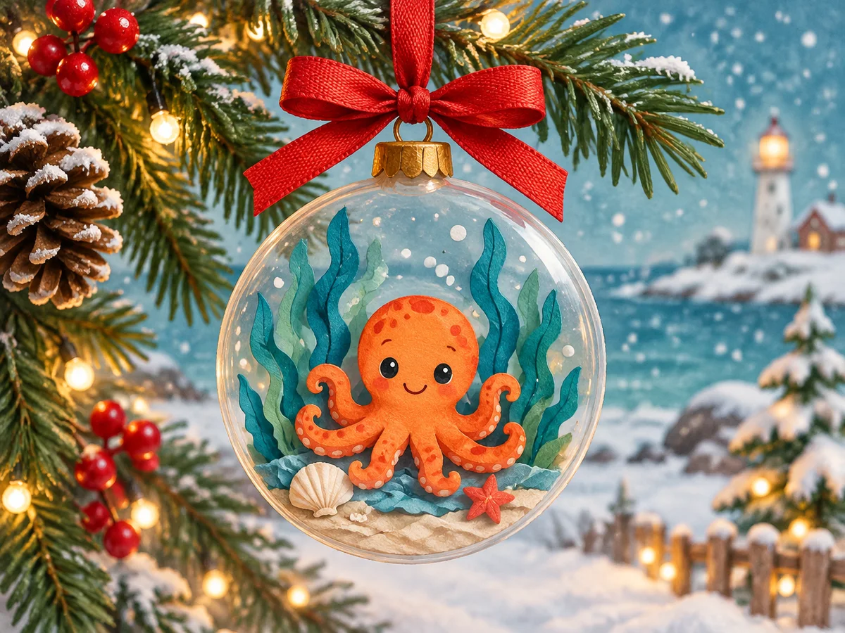 Original illustration of an ocean-themed octopus Christmas bauble