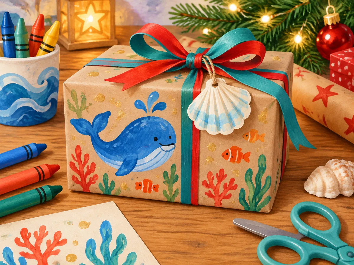 Original illustration of ocean-themed hand-decorated Christmas wrapping