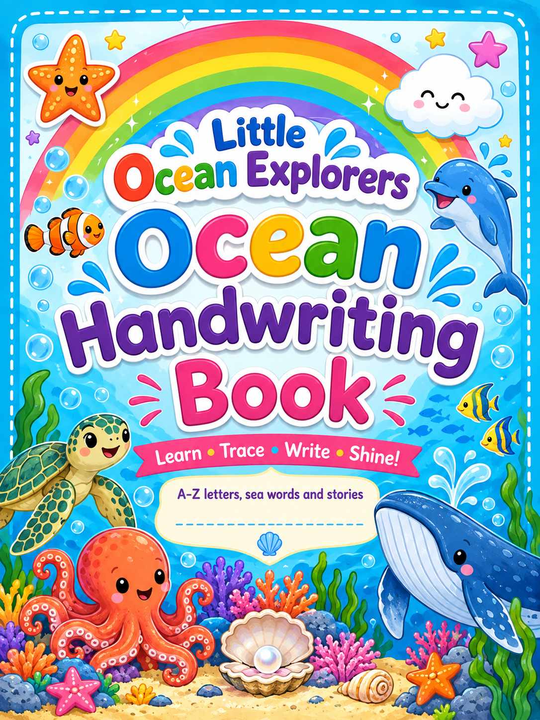 Colourful cover of the Ocean A-Z Handwriting Book, a free 30-page ocean-themed handwriting printable for ages 4-6