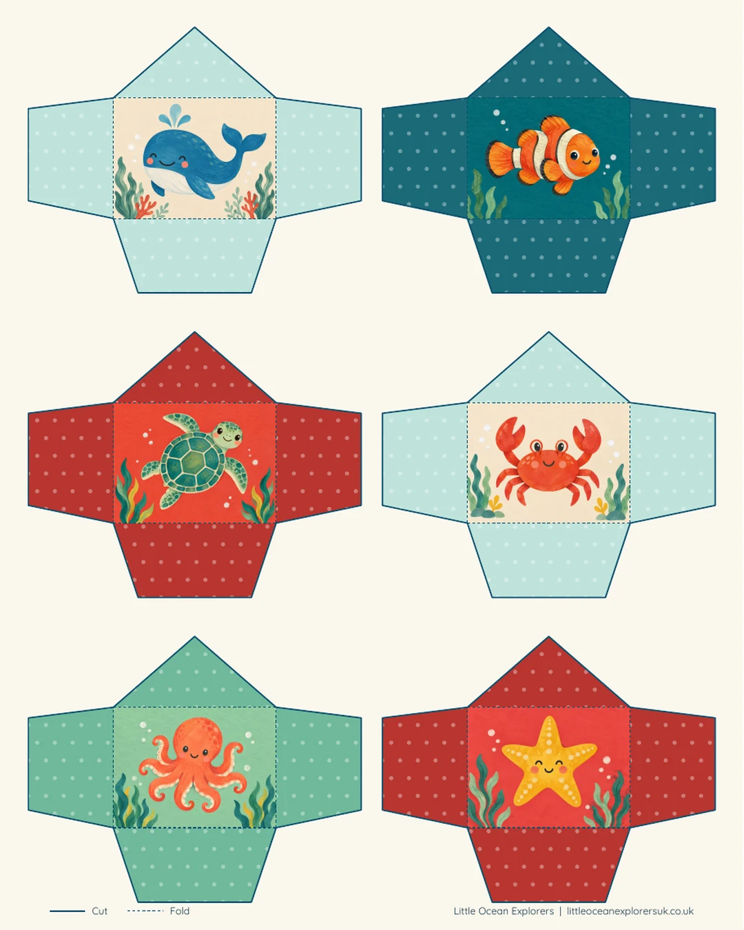 Printable sheet with six ocean-themed mini envelope templates: whale, clownfish, turtle, crab, octopus and starfish
