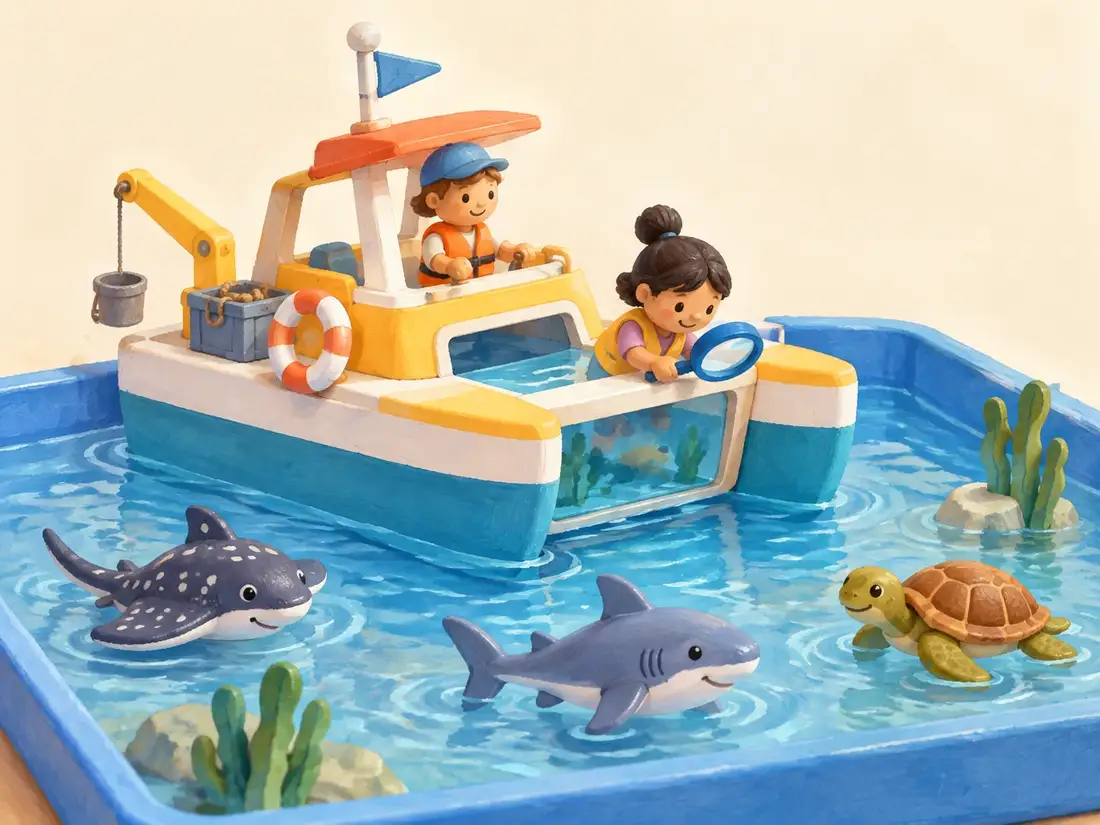 Illustration of a generic pretend ocean research boat toy with sea-creature figures
