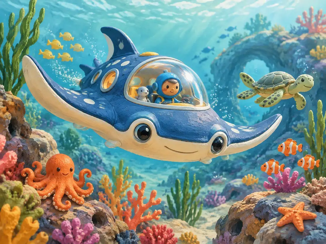 Illustration of a generic manta-ray-shaped submarine toy in a make-believe coral reef