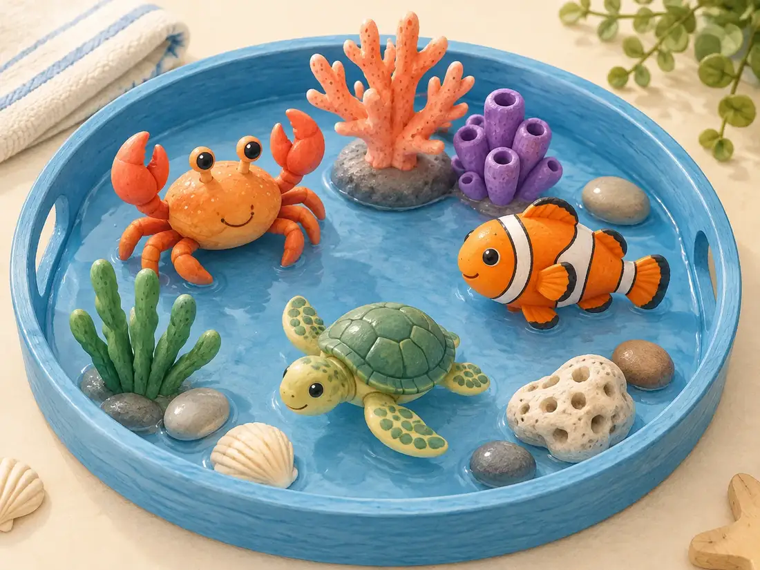 Illustration of generic sea-animal toys in a shallow blue pretend rock pool